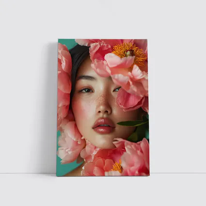 Asian Woman Portrait Surrounded By Pink Peonies