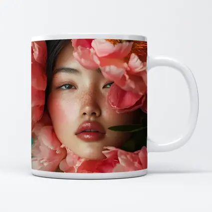 Asian Woman Portrait Surrounded By Pink Peonies
