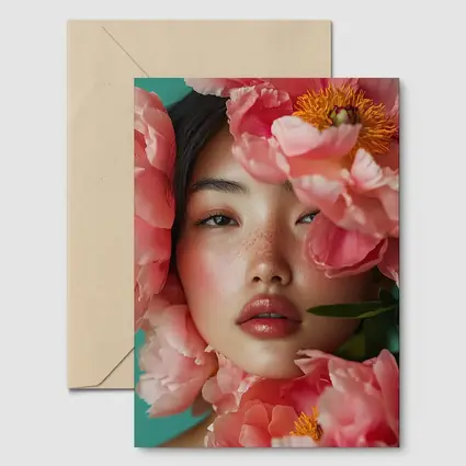 Asian Woman Portrait Surrounded By Pink Peonies