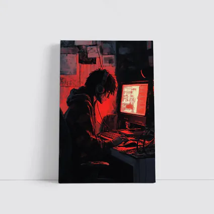 Hacker At Computer Red Glow Dark