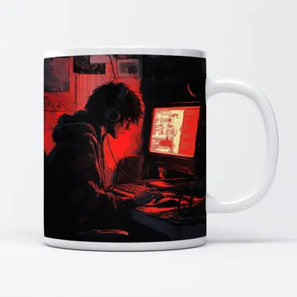Hacker At Computer Red Glow Dark