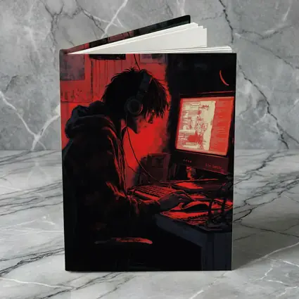 Hacker At Computer Red Glow Dark