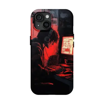 Hacker At Computer Red Glow Dark
