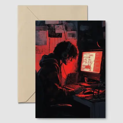 Hacker At Computer Red Glow Dark