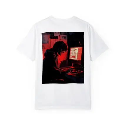 Hacker At Computer Red Glow Dark