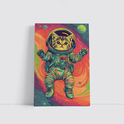 Kitten Astronaut Floating In Colorful Space