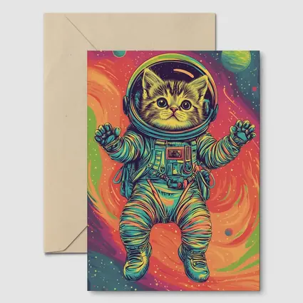 Kitten Astronaut Floating In Colorful Space