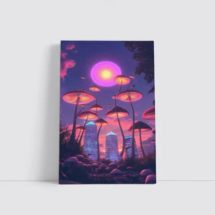 Neon Mushrooms Futuristic City Purple Sky