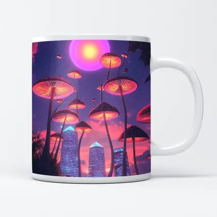 Neon Mushrooms Futuristic City Purple Sky