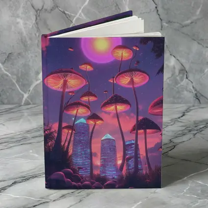 Neon Mushrooms Futuristic City Purple Sky