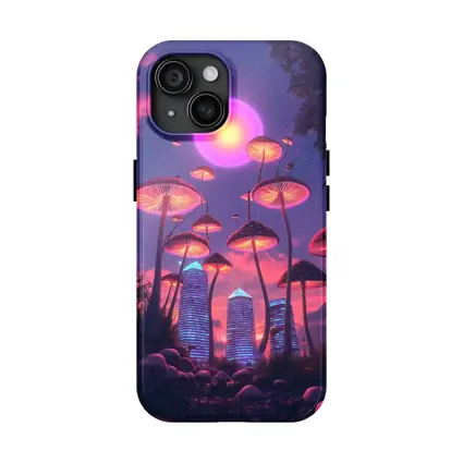 Neon Mushrooms Futuristic City Purple Sky