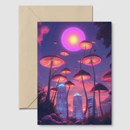 Neon Mushrooms Futuristic City Purple Sky