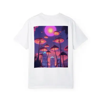 Neon Mushrooms Futuristic City Purple Sky