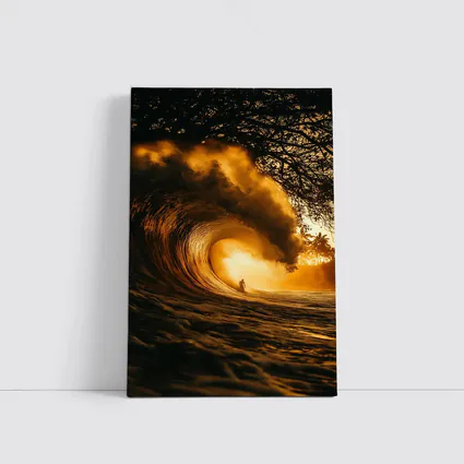 Surfer Inside Golden Barrel Wave Sunset