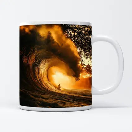 Surfer Inside Golden Barrel Wave Sunset