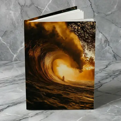 Surfer Inside Golden Barrel Wave Sunset