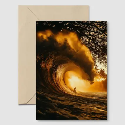 Surfer Inside Golden Barrel Wave Sunset