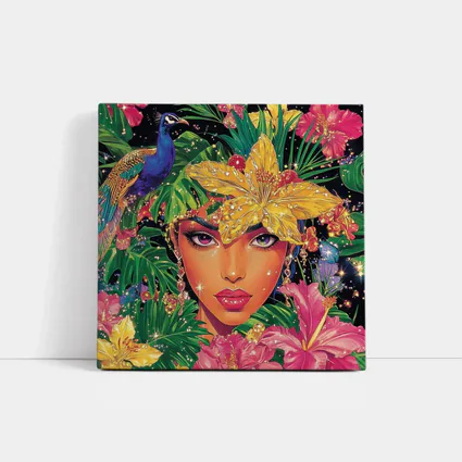 Tropical Woman Portrait With Peacock Floral
