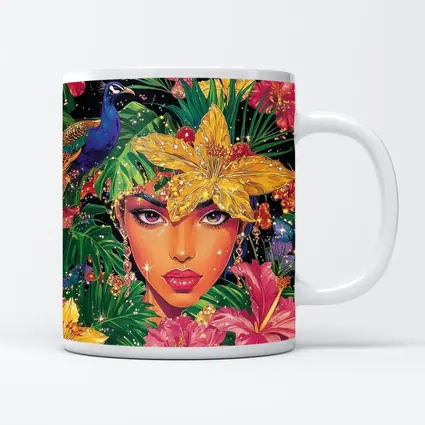 Tropical Woman Portrait With Peacock Floral