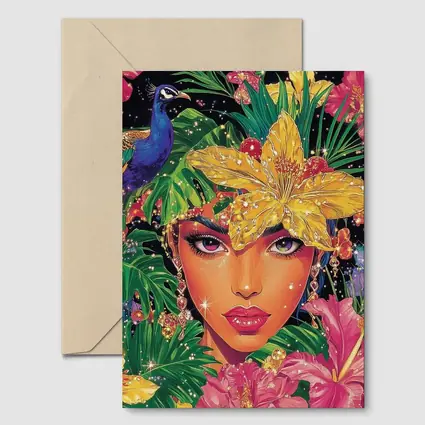 Tropical Woman Portrait With Peacock Floral
