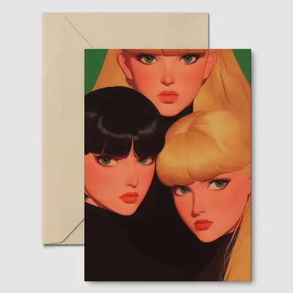 Three Women Illustration Green Background Pop Art