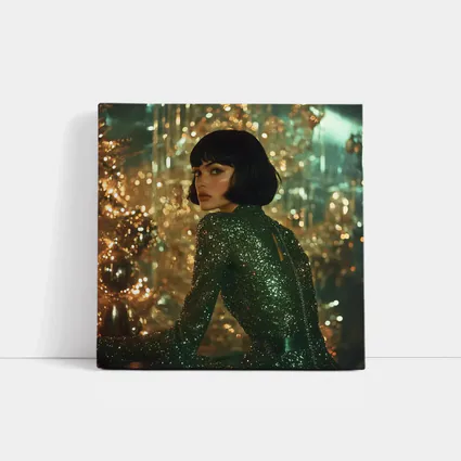 Glamorous Woman Green Sequin Dress Gold Background