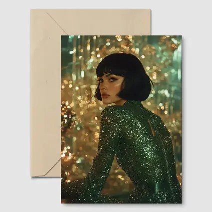 Glamorous Woman Green Sequin Dress Gold Background