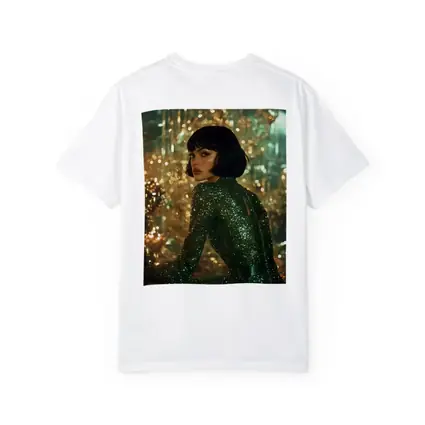 Glamorous Woman Green Sequin Dress Gold Background