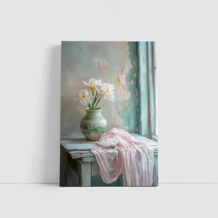 White Iris Flowers Vase Soft Pastel Still Life