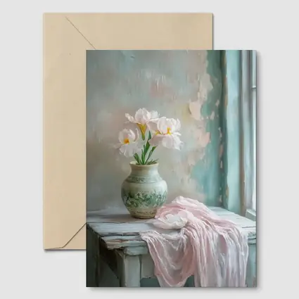 White Iris Flowers Vase Soft Pastel Still Life