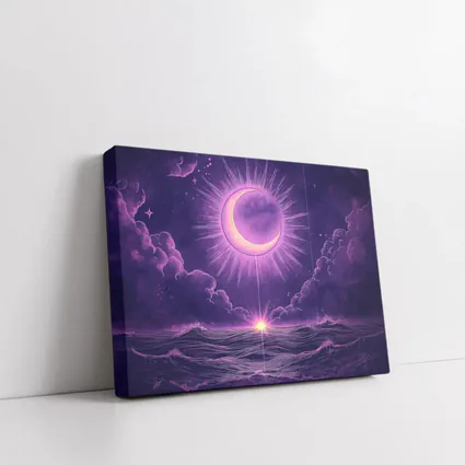 Crescent Moon Over Purple Ocean Night Sky
