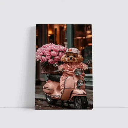 Cute Dog Riding Pink Scooter With Peonies