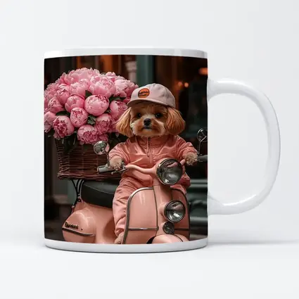 Cute Dog Riding Pink Scooter With Peonies