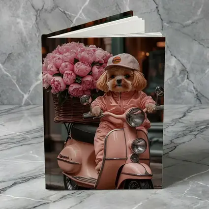 Cute Dog Riding Pink Scooter With Peonies