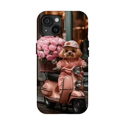 Cute Dog Riding Pink Scooter With Peonies
