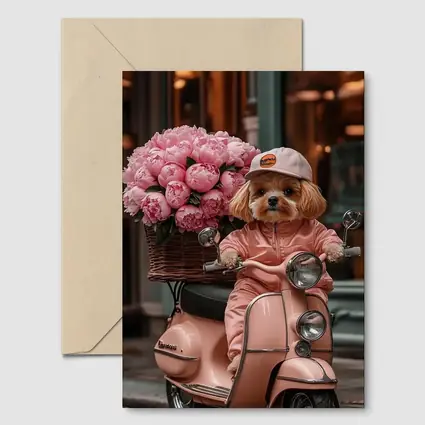 Cute Dog Riding Pink Scooter With Peonies