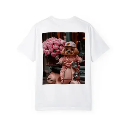 Cute Dog Riding Pink Scooter With Peonies