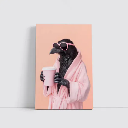 Raven In Pink Robe Holding Coffee Cup