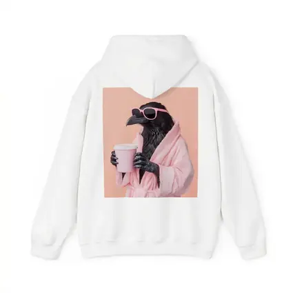 Raven In Pink Robe Holding Coffee Cup
