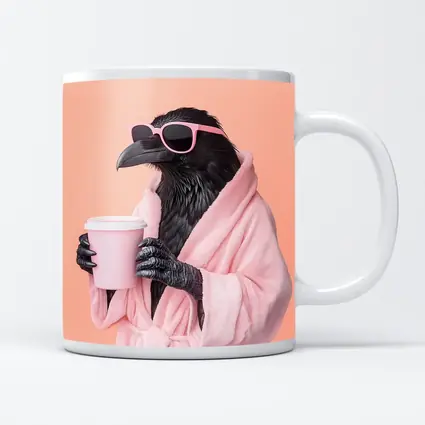 Raven In Pink Robe Holding Coffee Cup