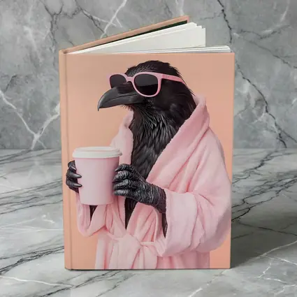 Raven In Pink Robe Holding Coffee Cup