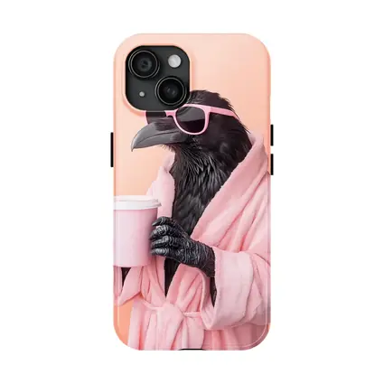 Raven In Pink Robe Holding Coffee Cup