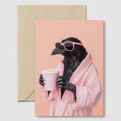 Raven In Pink Robe Holding Coffee Cup