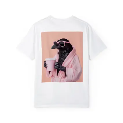 Raven In Pink Robe Holding Coffee Cup