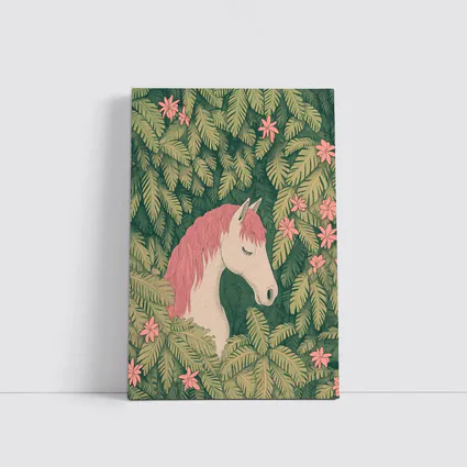 White Horse Pink Mane Tropical Leaves Floral