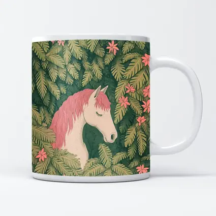 White Horse Pink Mane Tropical Leaves Floral