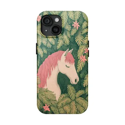 White Horse Pink Mane Tropical Leaves Floral