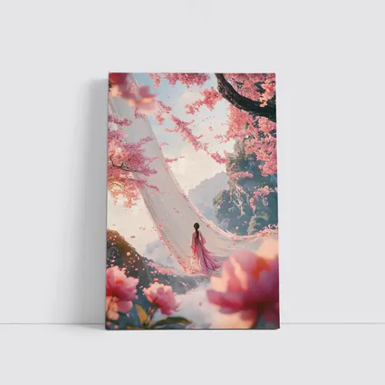 Woman in Pink Cherry Blossom Fantasy Scene