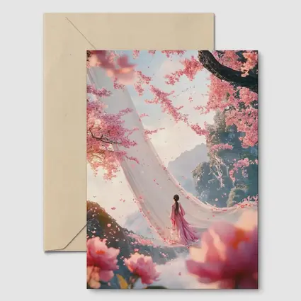 Woman in Pink Cherry Blossom Fantasy Scene