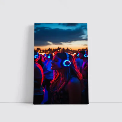 Woman Glowing Headphones Neon Night Crowd